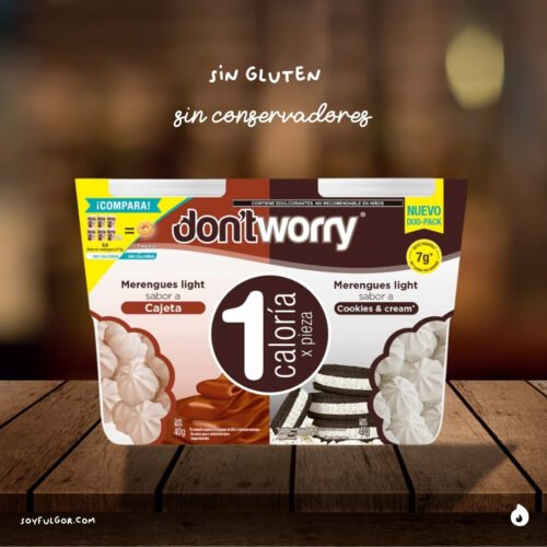 Merengues Don'tworry Sin Azúcar Sabor Cajeta y Cookies & Cream Duo