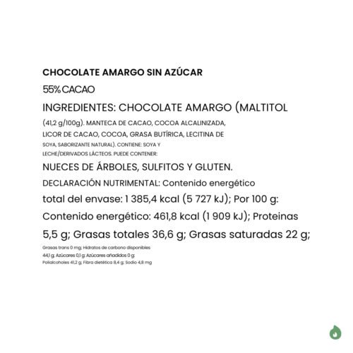 Chocolate Amargo Turin Zero Sugar ingredientes