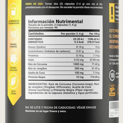 Raíz de Cúrcuma y Jengibre B life ingredientes